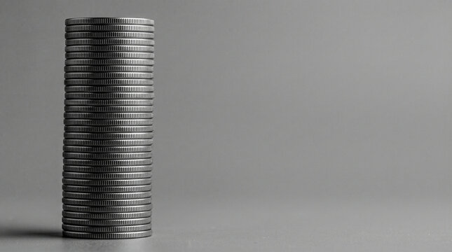 Desaturated coin stack side view milled edge texture, ash grey mono minimalism