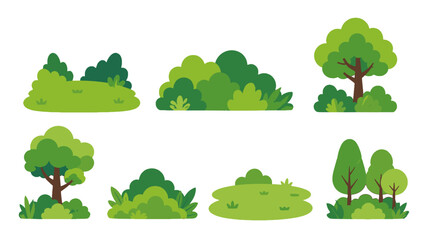 Set of green trees, bushes and grass landscape elements © icon_art
