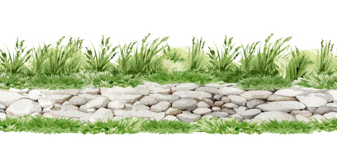 Naklejka premium Seamless watercolor cobblestone path bordered by grass isolated on background. Hand painted side view terrain asset for game design, map creation, village scenes and countryside landscapes