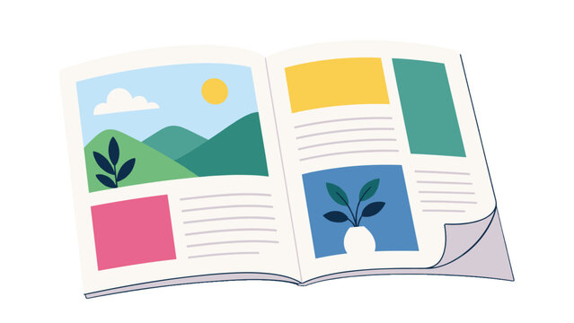 Open magazine with colorful layout and illustrated pages