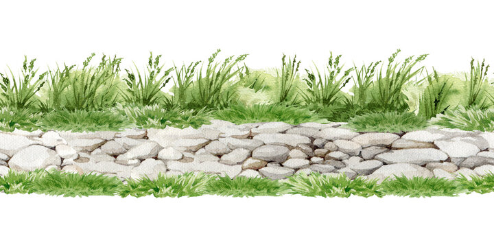 Seamless watercolor cobblestone path bordered by grass isolated on background. Hand painted side view terrain asset for game design, map creation, village scenes and countryside landscapes