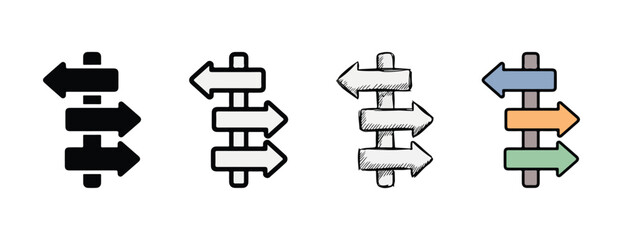 Directional signpost icons featuring multiple arrows pointing various ways isolated on transparent background useful for navigation design elements and wayfinding solutions © Rayhan