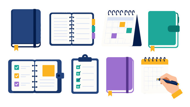 Set of planner, notebook and calendar stationery vector icons