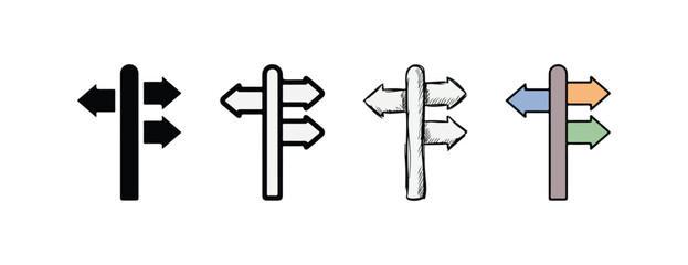Directional signpost icons featuring various styles and colors isolated on transparent background useful for navigation design elements and wayfinding solutions © Rayhan