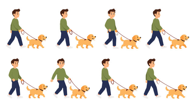 Cartoon man walking dog in multiple poses isolated set