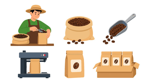 Coffee packaging process set with beans bags and filling machine