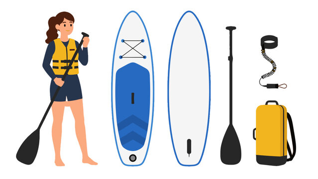 Inflatable paddle board set with woman and accessories