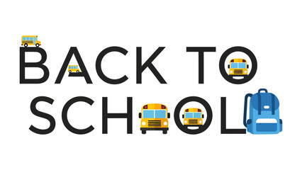 Fototapeta premium Back to School Graphic: Cheerful yellow school buses and a blue backpack are integrated with the bold typography BACK TO SCHOOL, creating a vibrant and playful design perfect for educational themes.