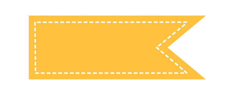 Yellow ribbon banner vector template with stitch details. Blank yellow flag tag element with dotted border. Ribbon banner graphic for sale promo. Yellow swallowtail pennant banner badge for text space