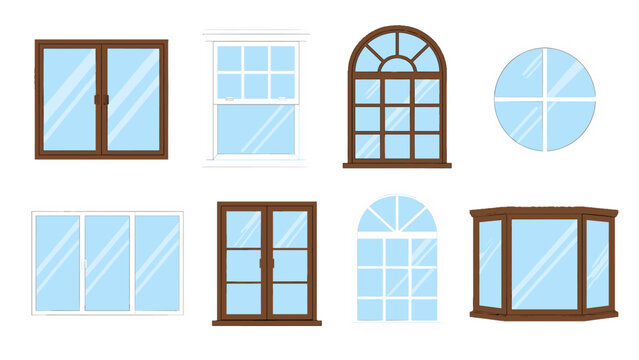 Set of assorted house window frames in flat vector style