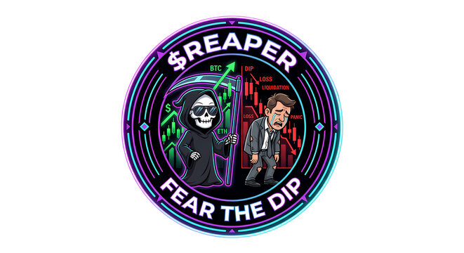 Circular crypto token design with triumphant grim reaper and defeated crying banker, market liquidation and loss concept, neon purple and turquoise vector art