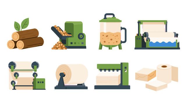 Paper manufacturing process and equipment vector icon set