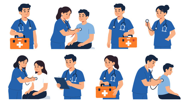 Medical staff and patient examination cartoon character set