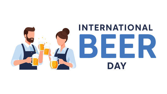 International Beer Day Toast: A man and a woman, likely bartenders or beer enthusiasts, clink glasses filled with frothy golden beer, celebrating International Beer Day with festive cheer.