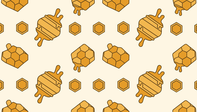 Seamless pattern of golden honeycombs and wooden honey dippers with dripping honey on a light cream background.