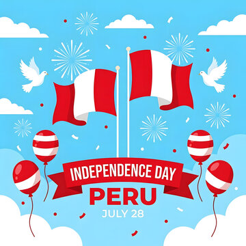 Peru Independence Day celebration with red white flags balloons fireworks and doves in blue sky