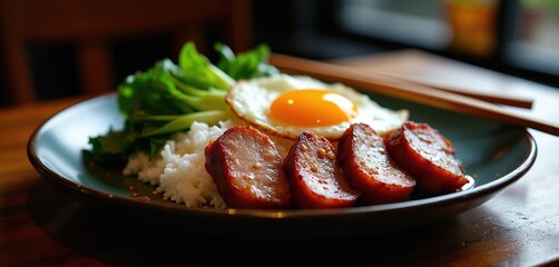 Plate of juicy char siu pork with white rice, fresh greens, and a fried egg. This popular Asian dish is served with chopsticks in a restaurant.
