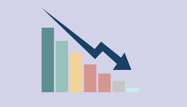 Business bar chart with decreasing colored columns and a dark blue downward arrow indicating financial crisis.