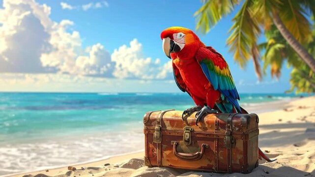 A colorful parrot sits on a vintage suitcase at the beach