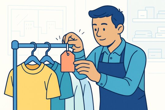 Cartoon illustration of store employee placing price tag on clothing rack with colorful shirts in a clean retail environment setup mockup. Ai generative