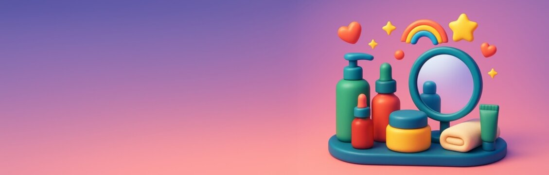 Colorful cosmetic skincare set with mirror and bottles on gradient background with hearts and stars, ideal for banner or poster template design. Ai generative