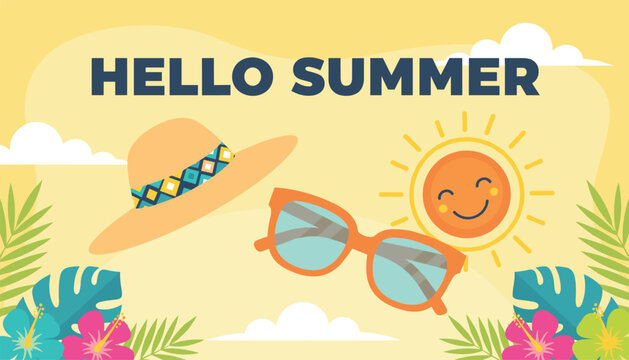 Colorful hello summer greeting card design featuring a smiling sun, sunglasses, a straw hat, and tropical flowers.