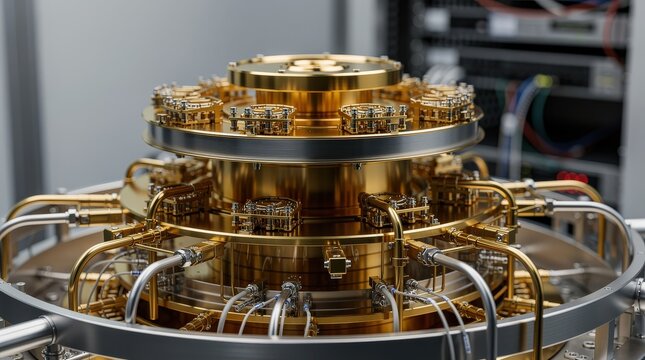 A close-up of a complex, gold-plated quantum computing component with numerous intricate connections and circuits.
