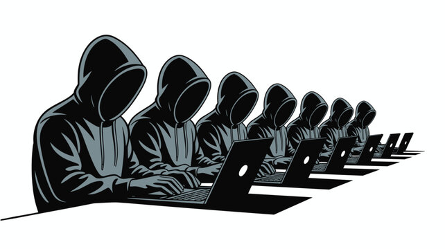Multiple hackers in silhouettes wearing hoodies typing on laptops in a long row for security and clandestine infiltration task scenarios.