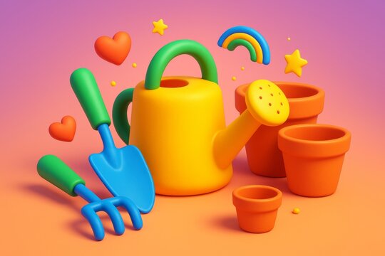 Colorful garden tools and pots with hearts, stars, and rainbow on gradient background, playful and cheerful creative composition concept. Ai generative