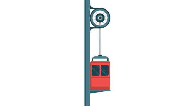 Red passenger cabin suspended on a vertical rail with a pulley mechanism demonstrating heavy lifting equipment and machinery operation concepts.