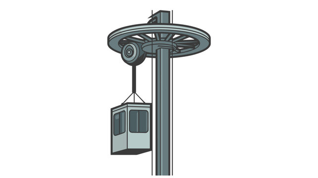 Mechanical pulley wheel mechanism with a suspended cabin for vertical lifting operations in architectural building site development concepts.