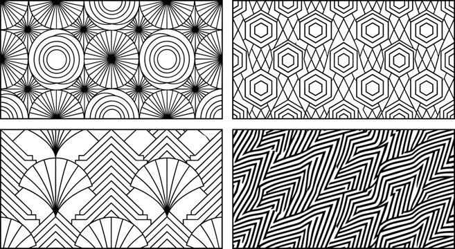 Geometric coloring book backgrounds vector set featuring abstract art deco patterns hexagons optical illusion lines and circular mandalas isolated on white background