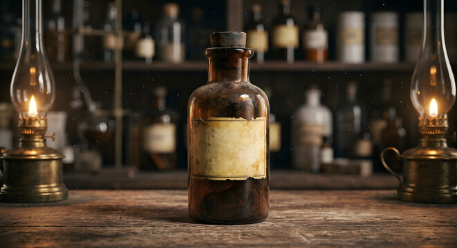 Vintage amber glass medicine bottles placed on a wooden table