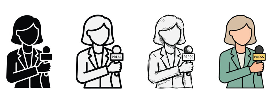 female journalists holding microphones in various styles from monochrome to color isolated on transparent background