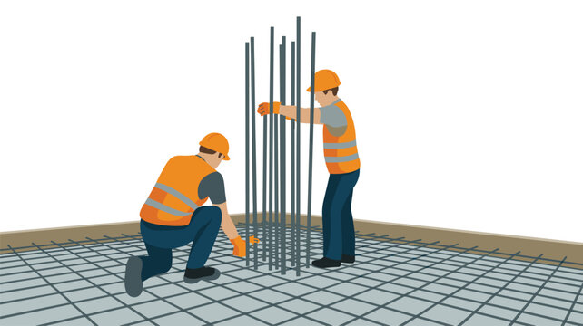 Two individuals in high-visibility vests working on vertical steel rebar columns set upon a reinforced concrete slab floor base layer.