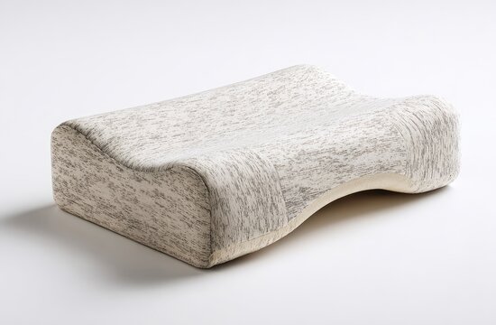 Ergonomic memory foam pillow with a contoured shape, offering neck support. Covered in a neutral-toned, textured fabric, sitting against a white backdrop