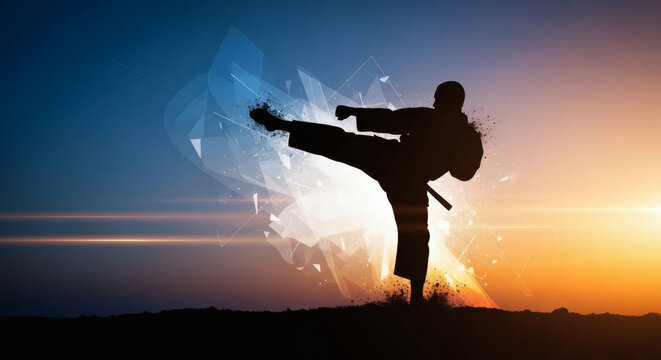 Silhouette Karate Kick at Sunset With Dynamic Abstract Energy Burst