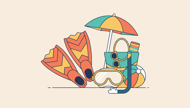 Collection of colorful beach gear including orange flippers, a striped umbrella, a swim mask, a beach ball, and a tote bag.