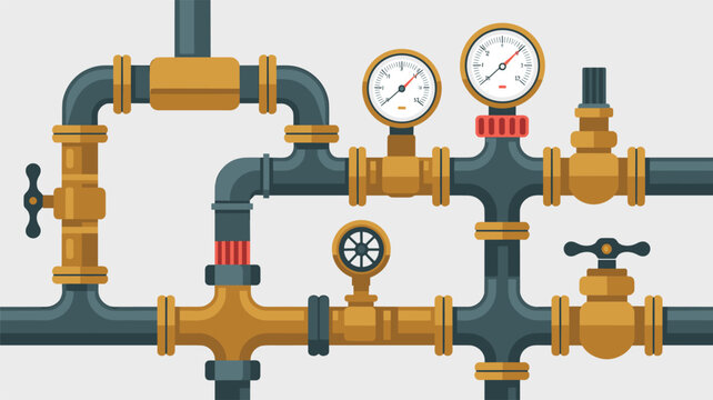 Industrial pipe network with brass fittings and dual pressure gauges for monitoring fluid flow in a technical facility system.