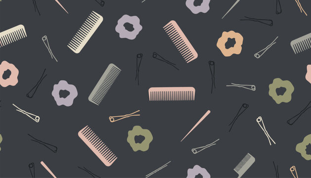 Seamless pattern of colorful hair combs, bobby pins, and scrunchies scattered on a dark grey background for fashion design.