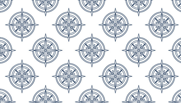 Vintage blue compass rose icons forming a seamless nautical pattern on a plain white background for design projects.