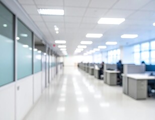 Fototapeta premium Modern open-plan office setting, featuring desks and cubicles, with focus on perspective and interior