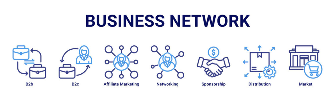 Business Network web banner icon vector illustration with icons of B2b, B2c, Affiliate Marketing, Networking, Sponsorship, Distribution and Market