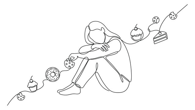 a sad woman sitting with cakes and cupcakes.