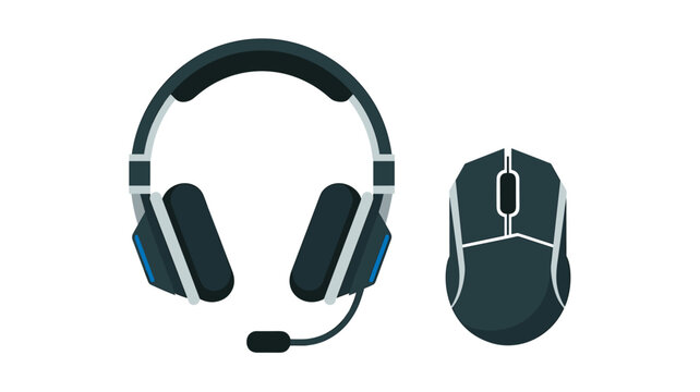 Gaming headset with microphone and wireless computer mouse isolated on white background for digital communication setup.