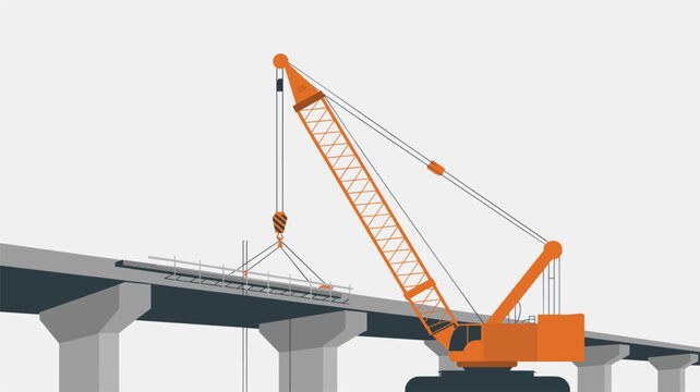 Crawler crane lifting a concrete slab onto a highway bridge deck using heavy-duty steel cables for construction site work.