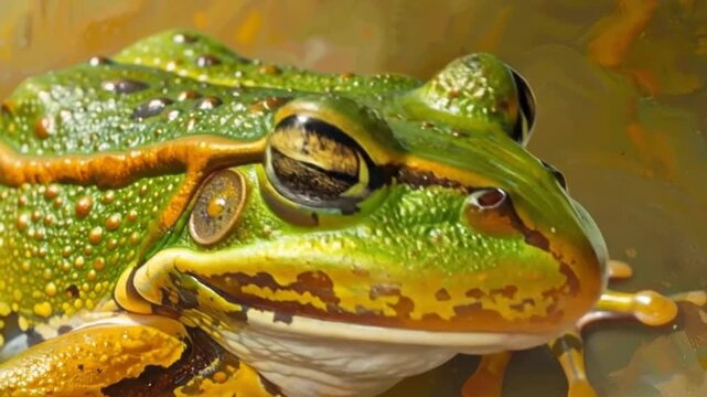 A detailed close up portrait of a vibrant green spotted frog