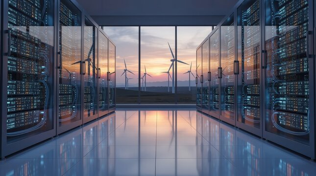 A modern data center with glass walls, housing servers, offers a stunning view of wind turbines against a vibrant sunset backdrop.