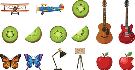 Detailed Miscellaneous Vector Icon Set Featuring Vintage Biplanes, Fresh Kiwi Slices, Acoustic and Electric Guitars, Butterflies, Modern Lamps, and Red Apples © MdBokul