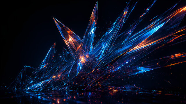 Abstract futuristic crystal structure with blue and orange glowing glass shards
